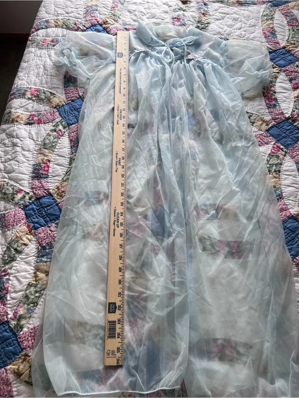 Vintage Sheer Blue Nylon Butterfly Embroidered Peignoir Robe Duster Medium - Picture 7 of 8